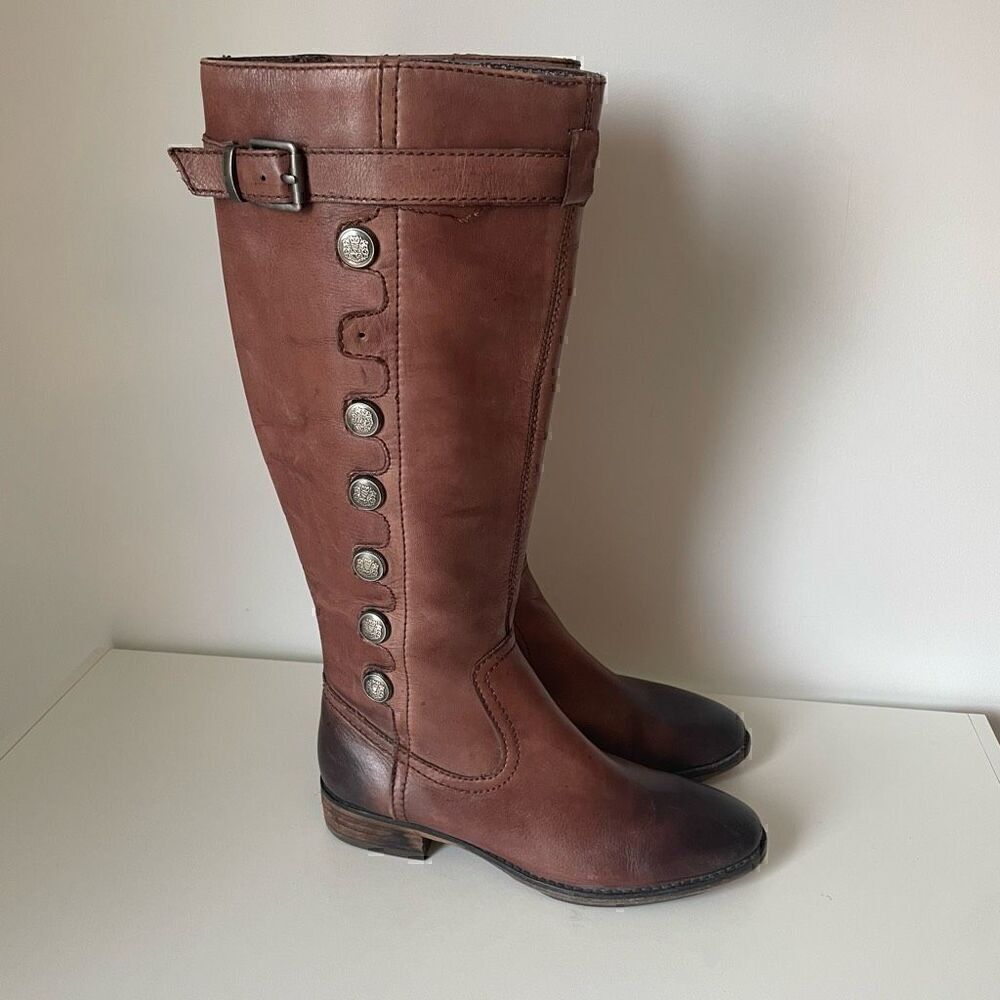Arturo Chiang Knee High Brown Leather Riding Boots Size 6.5 Buttons Zip Up
